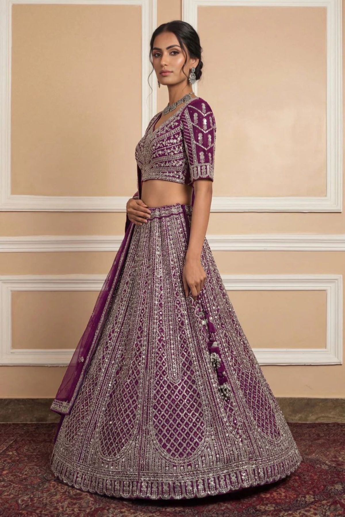 Navy Net Lehenga with Embroidery for Wedding Wear detailed view
