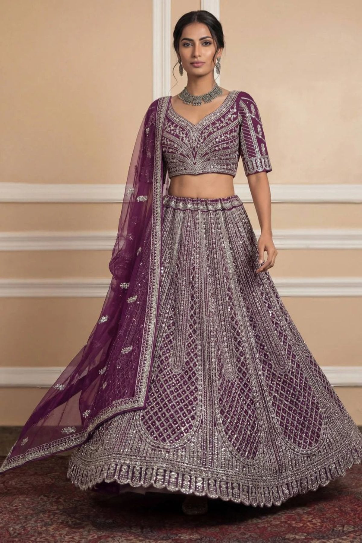 Navy Net Lehenga with Embroidery for Wedding Wear fabric texture detail