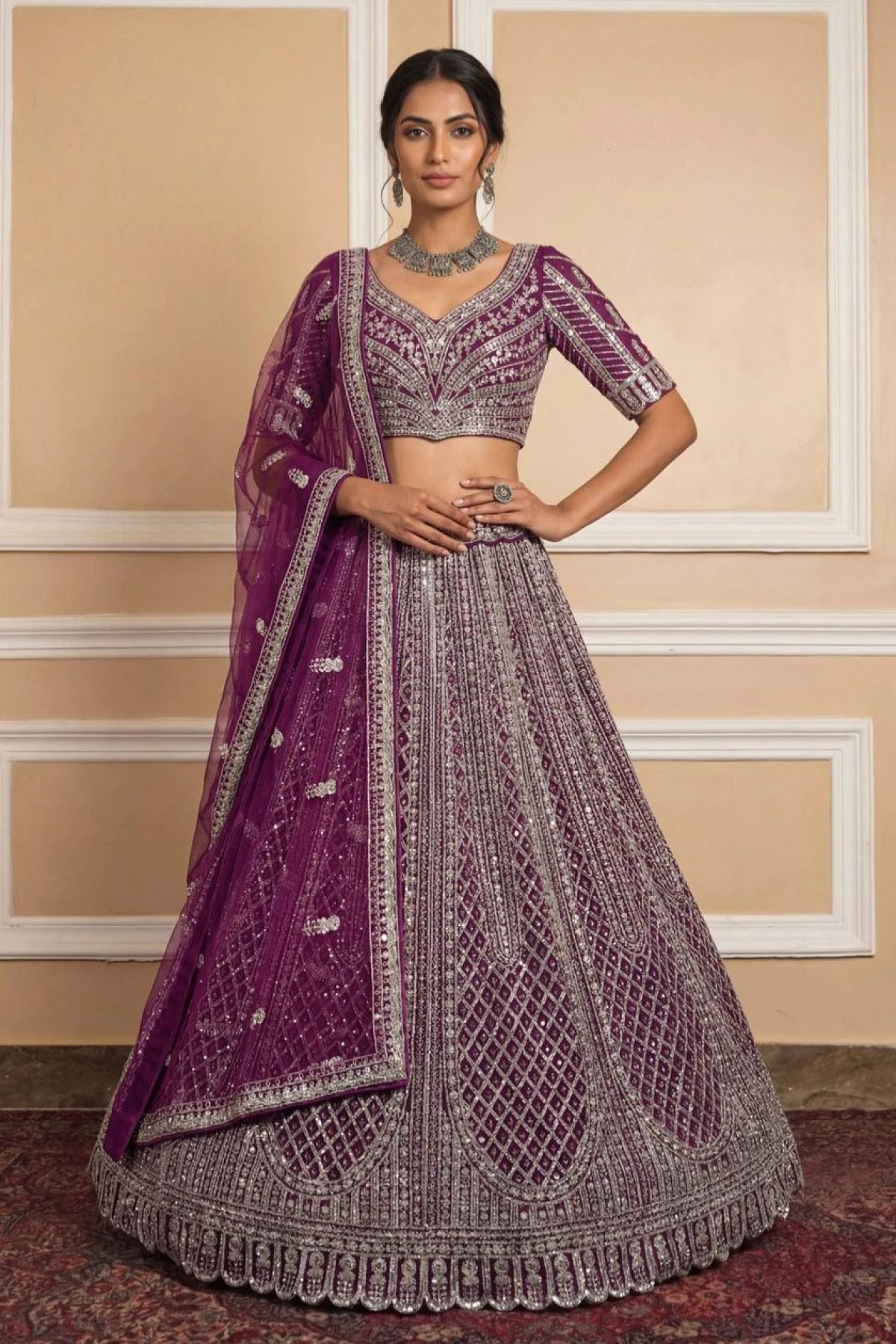 Navy Net Lehenga with Embroidery for Wedding Wear colour variant view
