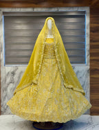 Yellow Silk Lehenga with Zari and Stone Work for Haldi Function full drape view