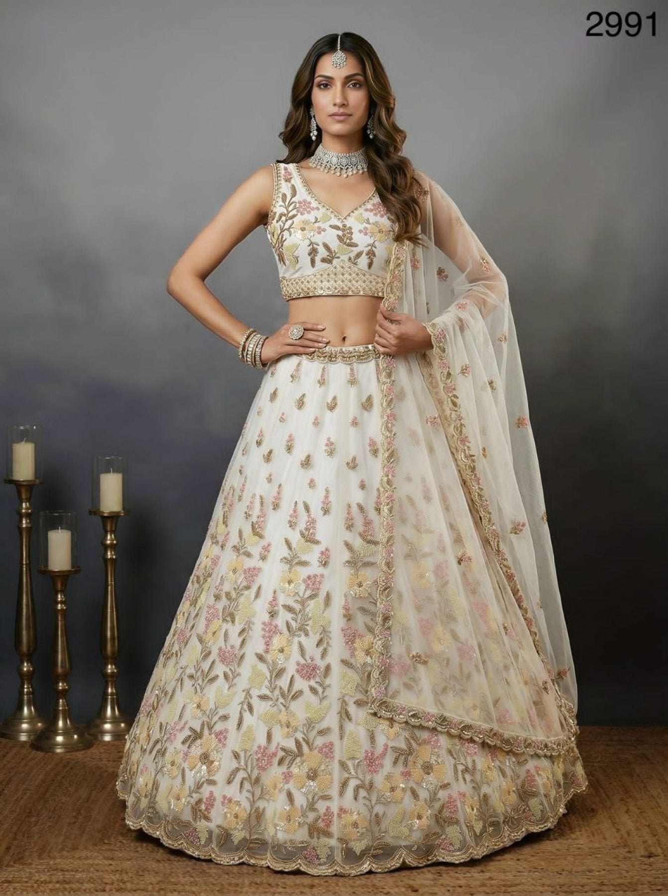 White Althera Net Lehenga with Multi Color Embroidery for Reception Wear full drape view