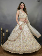 White Althera Net Lehenga with Multi Color Embroidery for Reception Wear detailed view