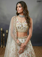 White Althera Net Lehenga with Multi Color Embroidery for Reception Wear fabric texture detail
