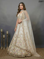 White Althera Net Lehenga with Multi Color Embroidery for Reception Wear back view