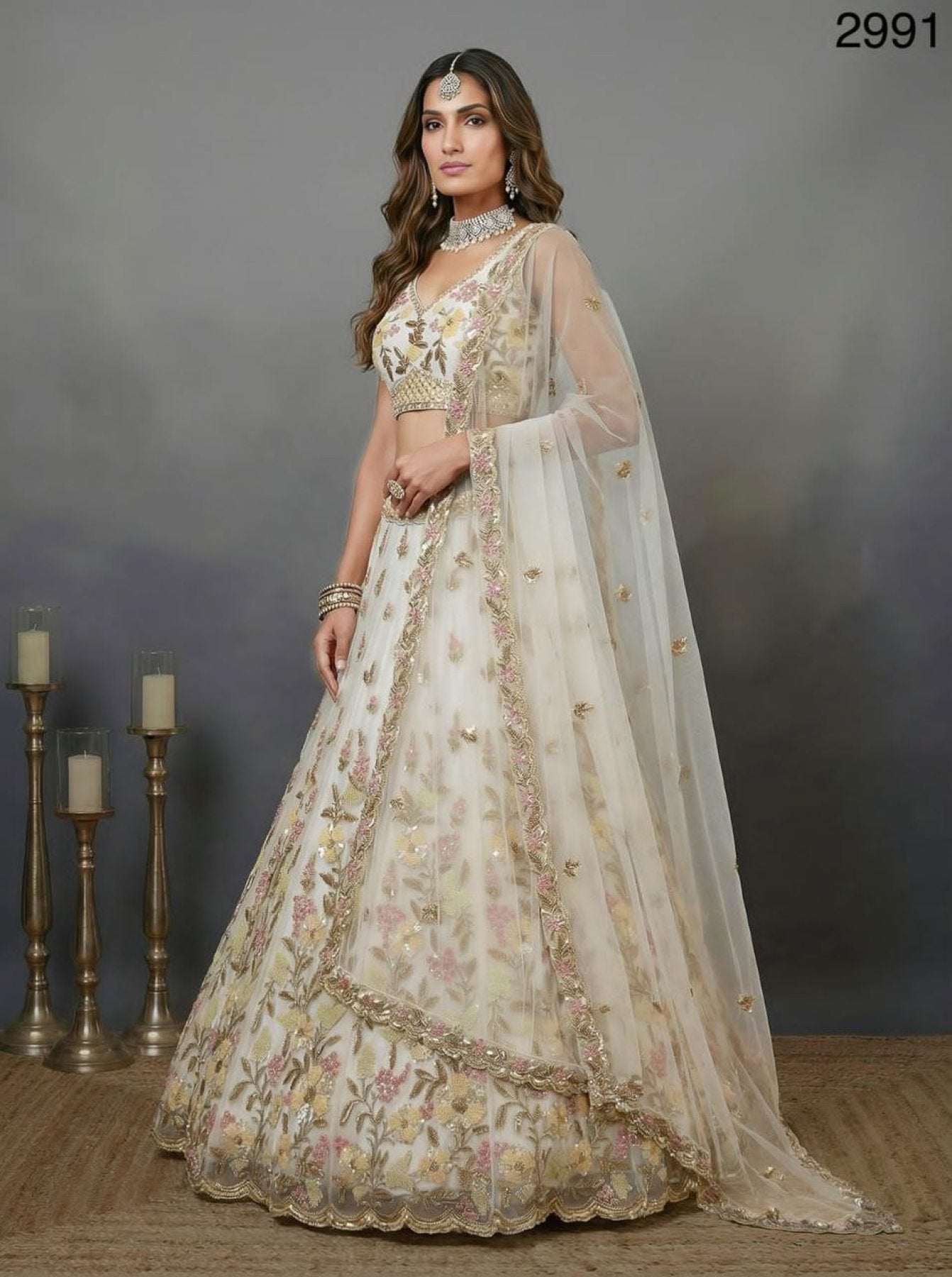 White Althera Net Lehenga with Multi Color Embroidery for Reception Wear back view