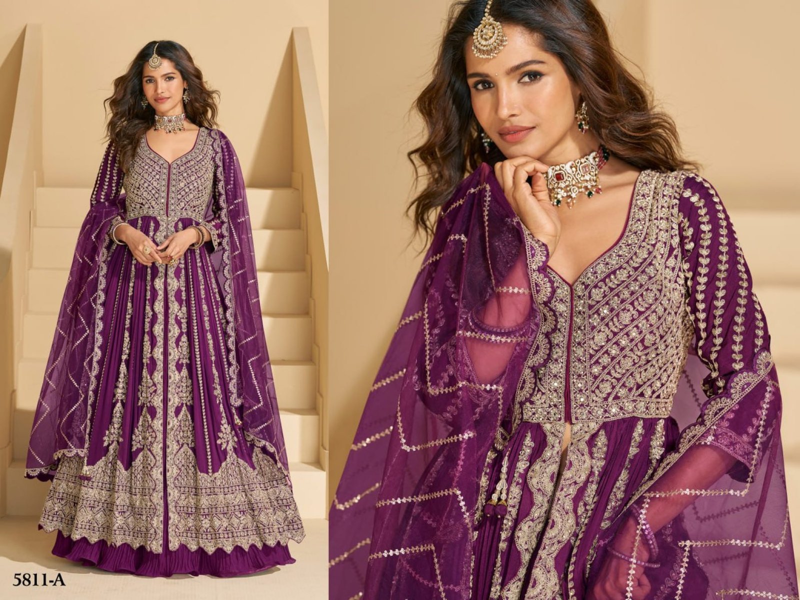 Pink Anarkali Eid Special Lehenga Suit in Heavy Real Chinon with Sequence Embroi full drape view