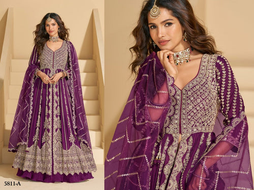 Pink Anarkali Eid Special Lehenga Suit in Heavy Real Chinon with Sequence Embroi full drape view