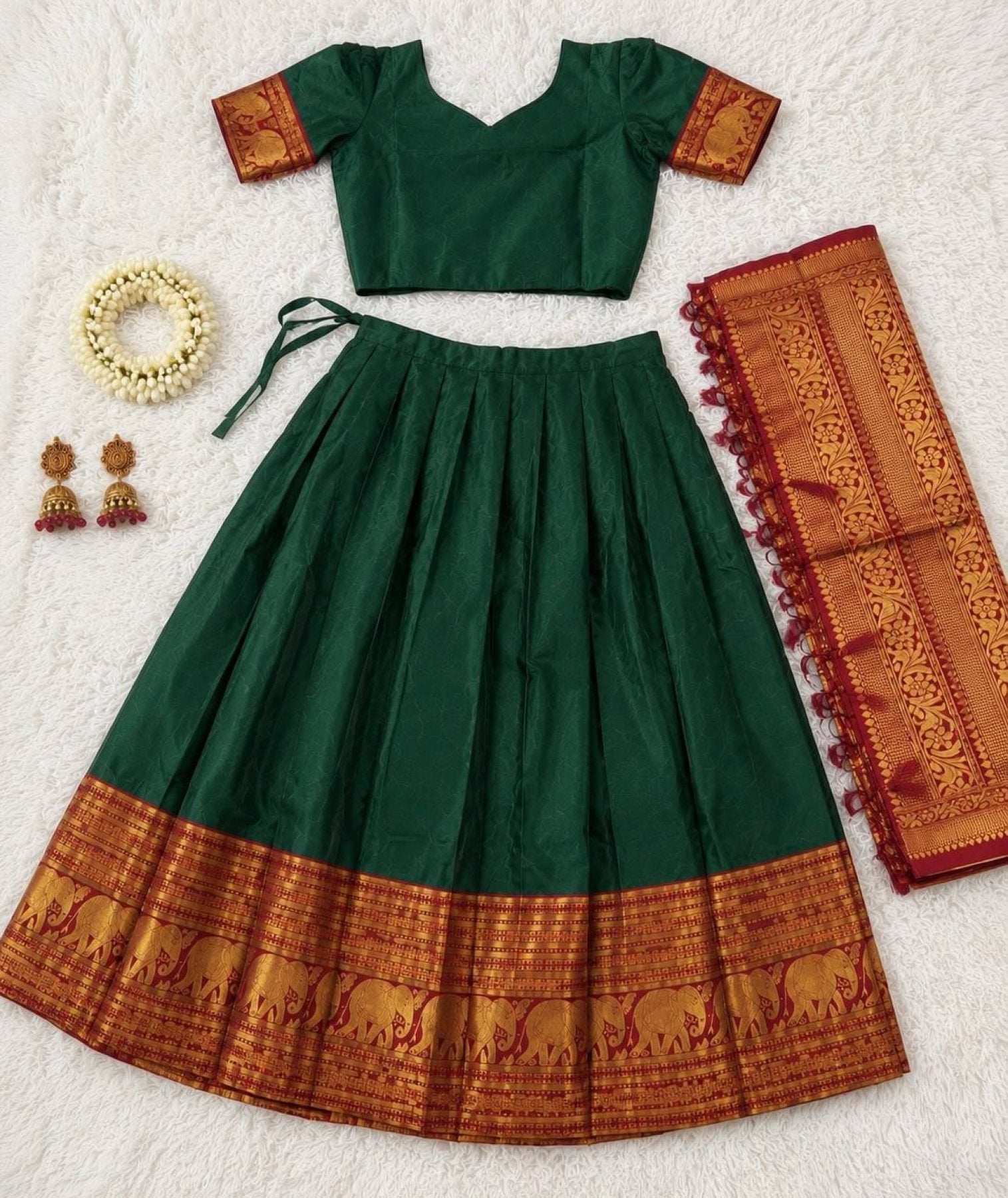 Heavy Lichi Silk Lehenga Choli with Woven Zari Border for Wedding Wear full drape view