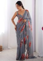 Grey Georgette Saree - side drape view