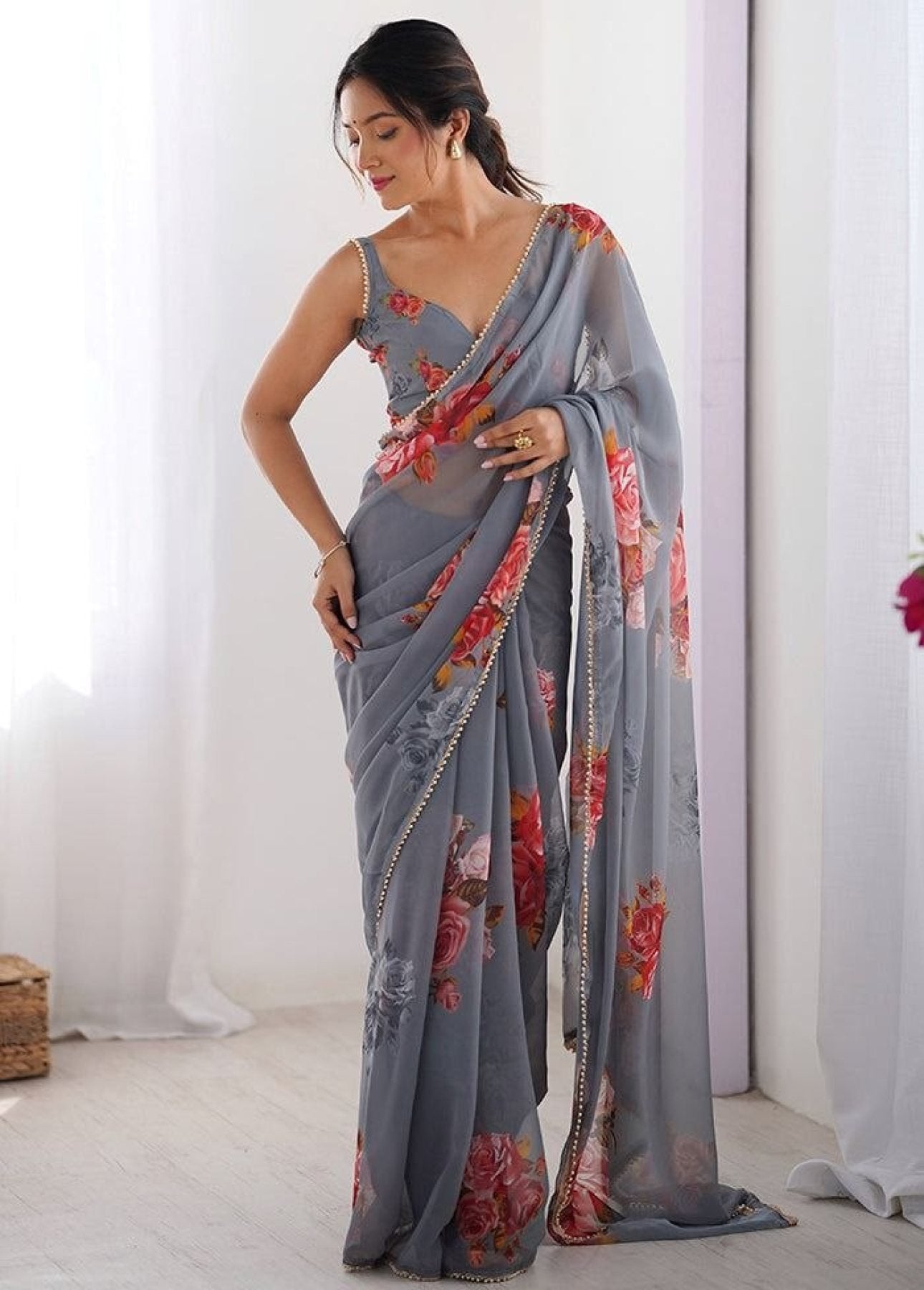 Grey Georgette Saree - side drape view