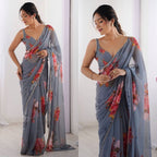 Grey Georgette Saree - blouse and border close-up