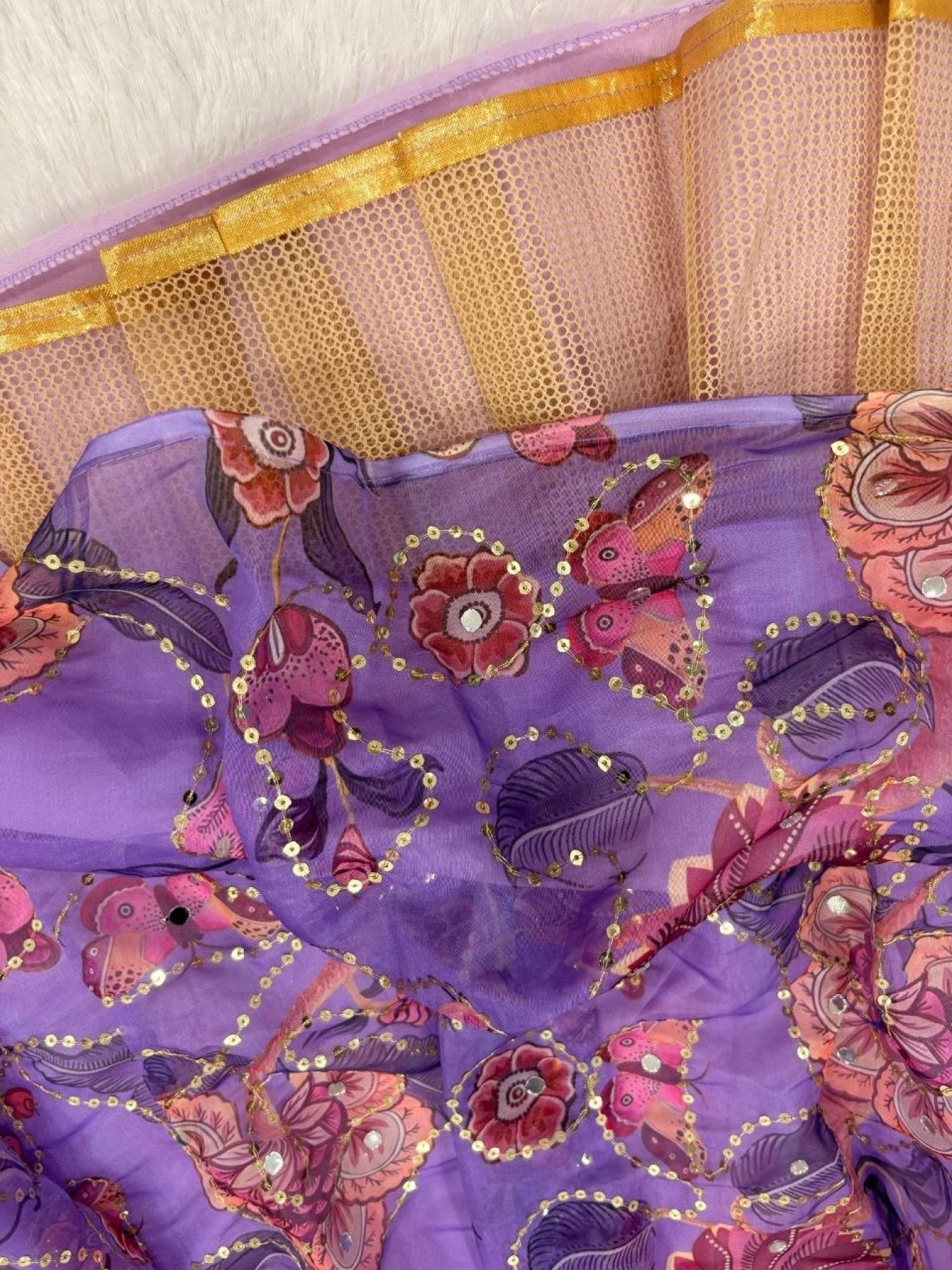 Purple Mirror Work Lehenga Choli for Wedding Wear full drape view