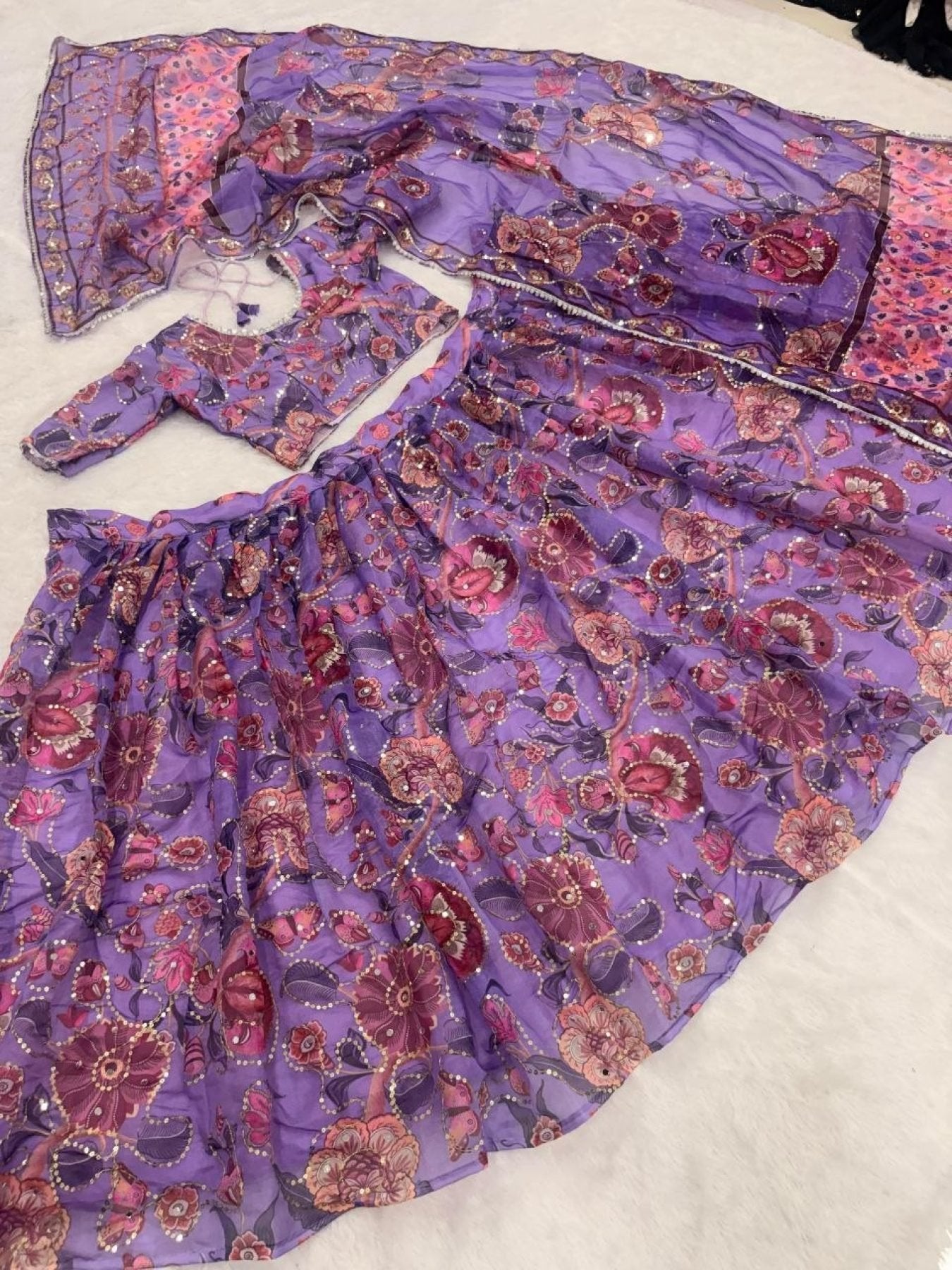 Purple Mirror Work Lehenga Choli for Wedding Wear blouse and dupatta detail