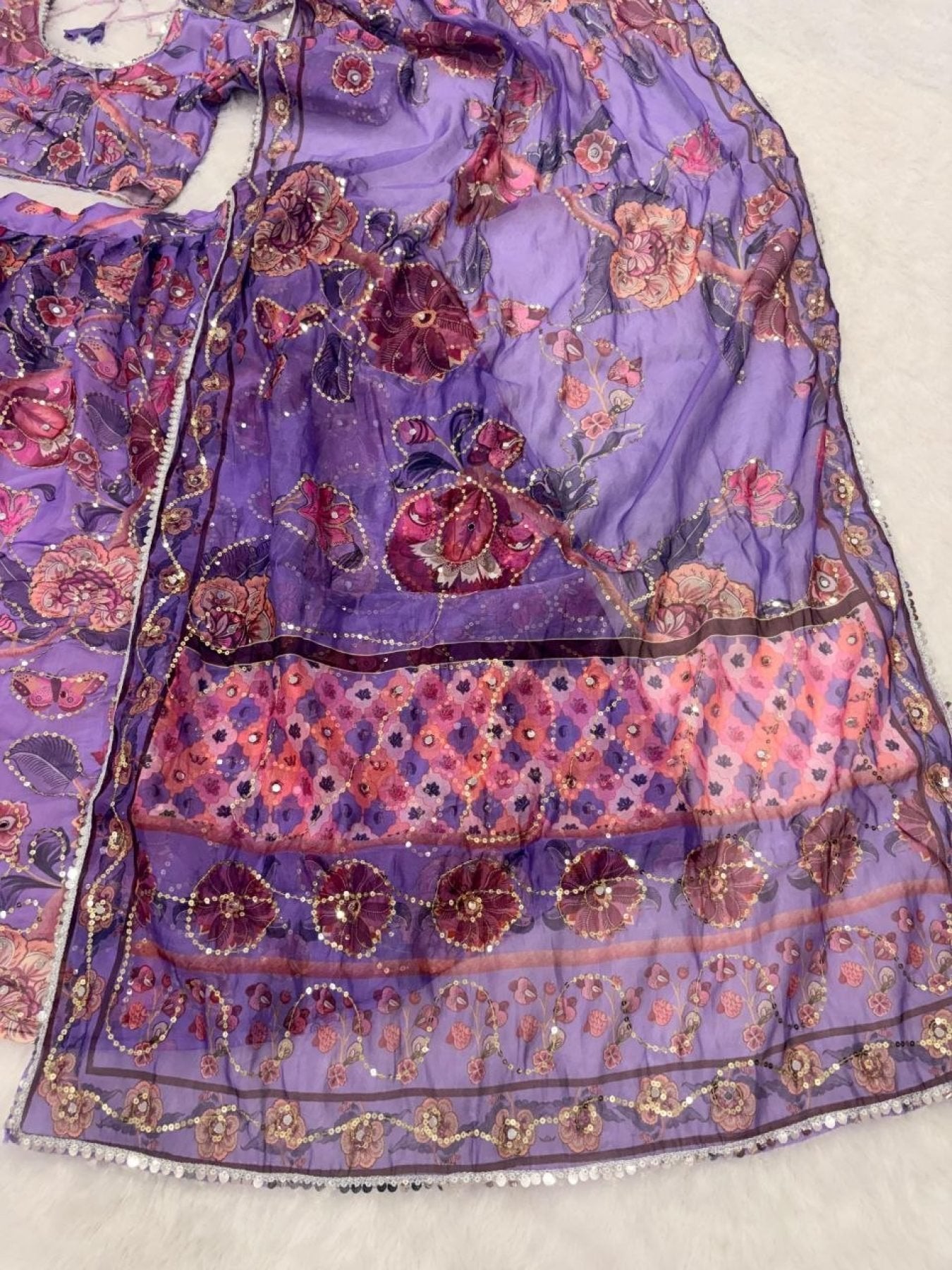Purple Mirror Work Lehenga Choli for Wedding Wear fabric texture detail