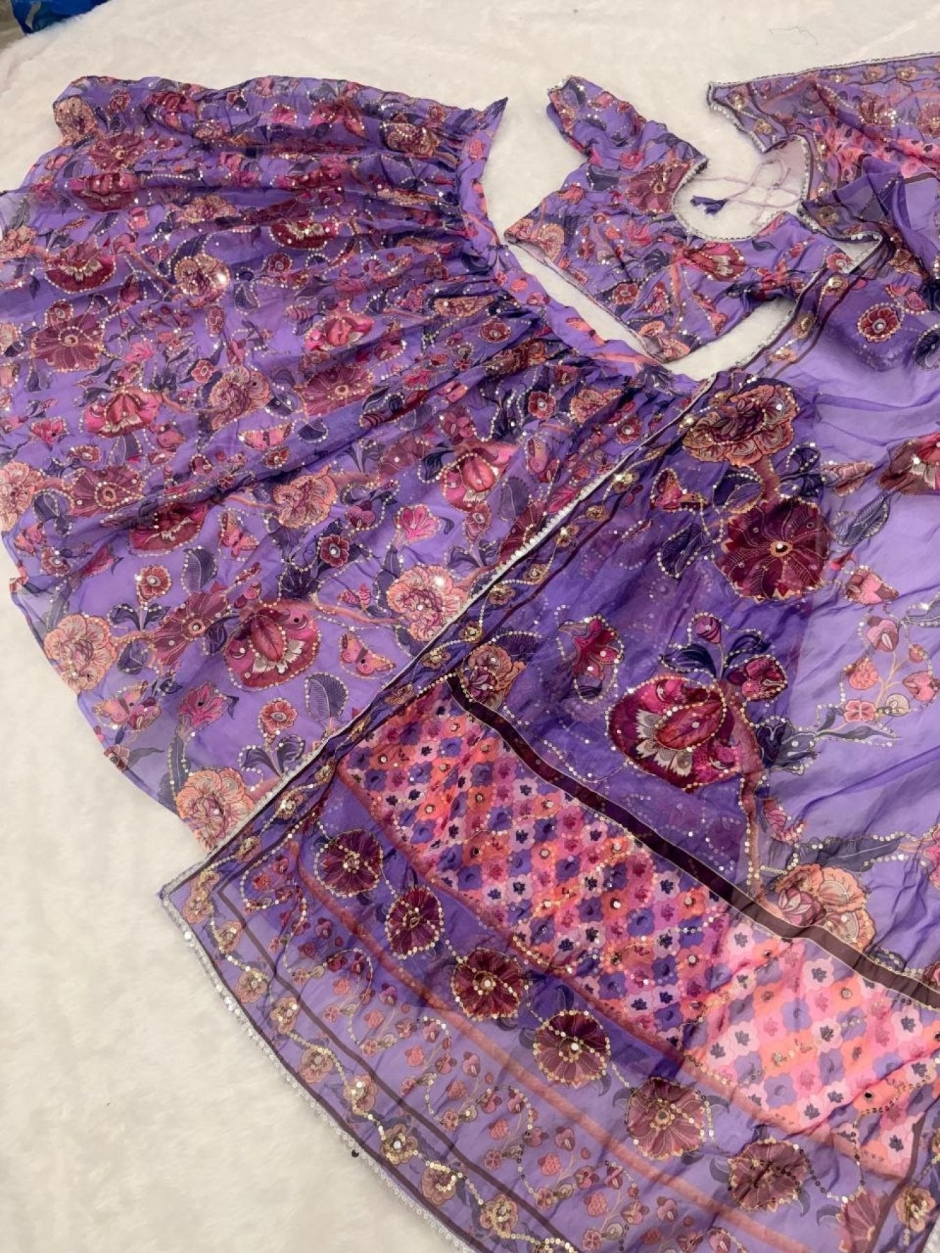 Purple Mirror Work Lehenga Choli for Wedding Wear back view