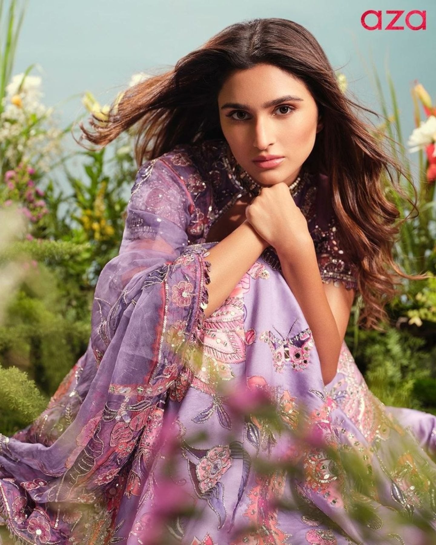 Purple Mirror Work Lehenga Choli for Wedding Wear full drape view