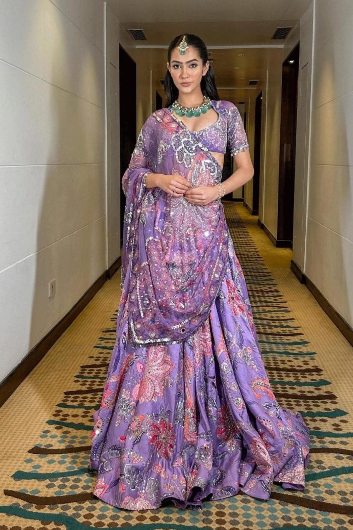 Purple Mirror Work Lehenga Choli for Wedding Wear blouse and dupatta detail