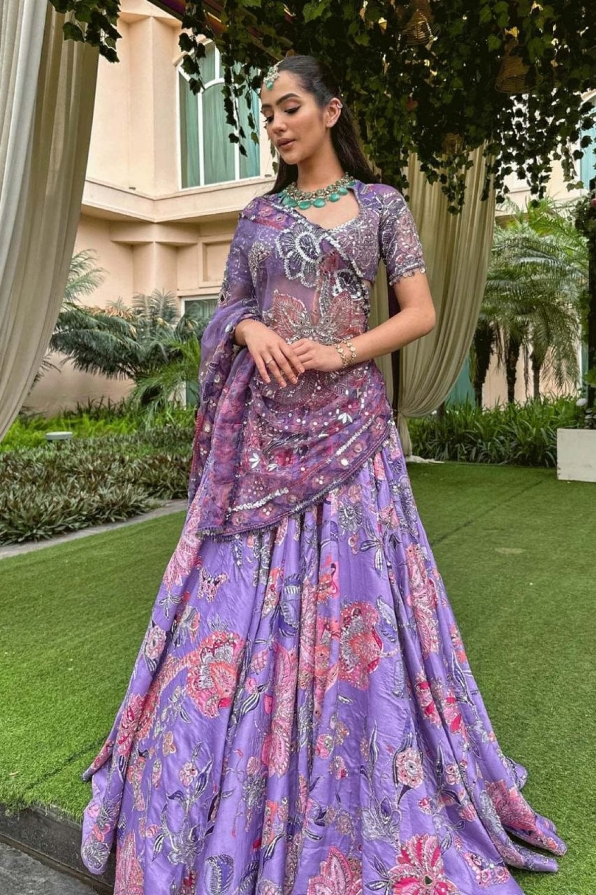 Purple Mirror Work Lehenga Choli for Wedding Wear embroidery close-up