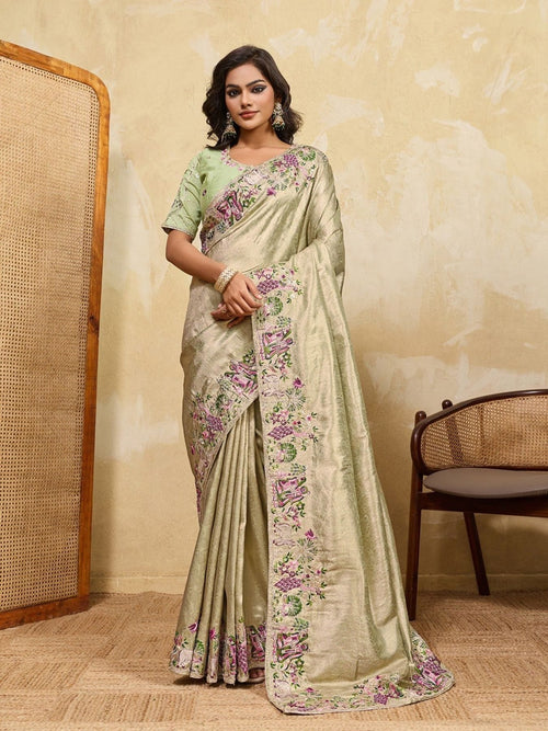 Green Kanjivaram Silk Saree with C-Pallu Embroidery at Snyvia