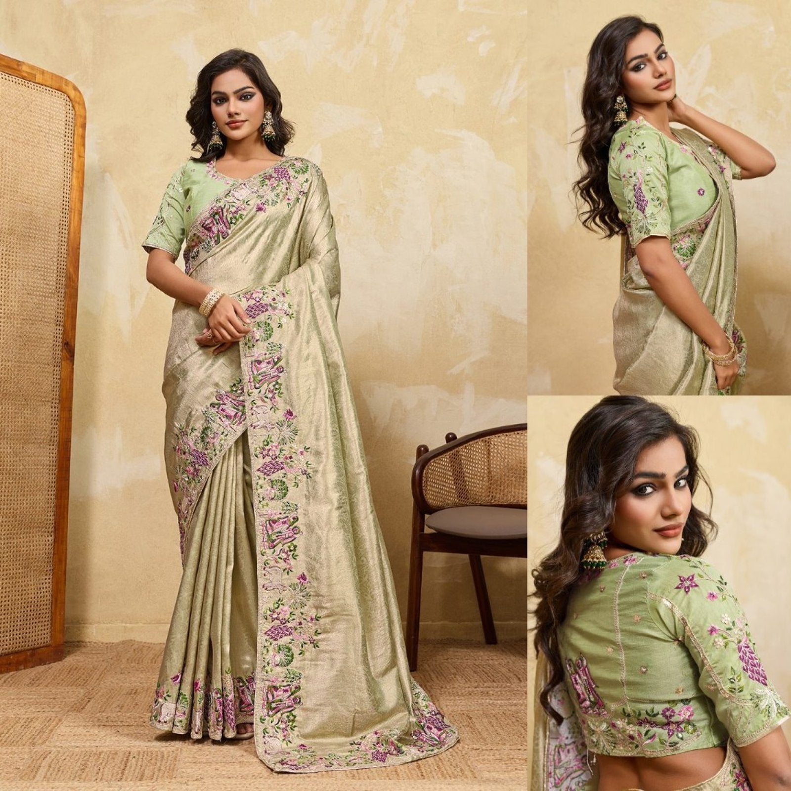 Green Kanjivaram Saree - fabric texture close-up