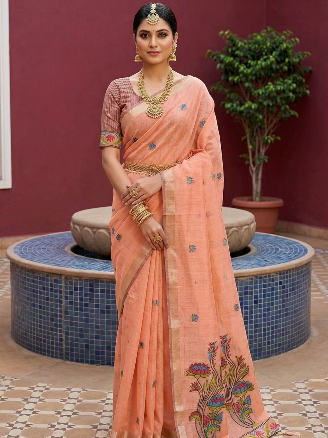 Peach Cotton Saree for women - full front view | Snyvia