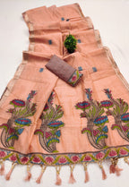 Peach Cotton Saree - side drape view