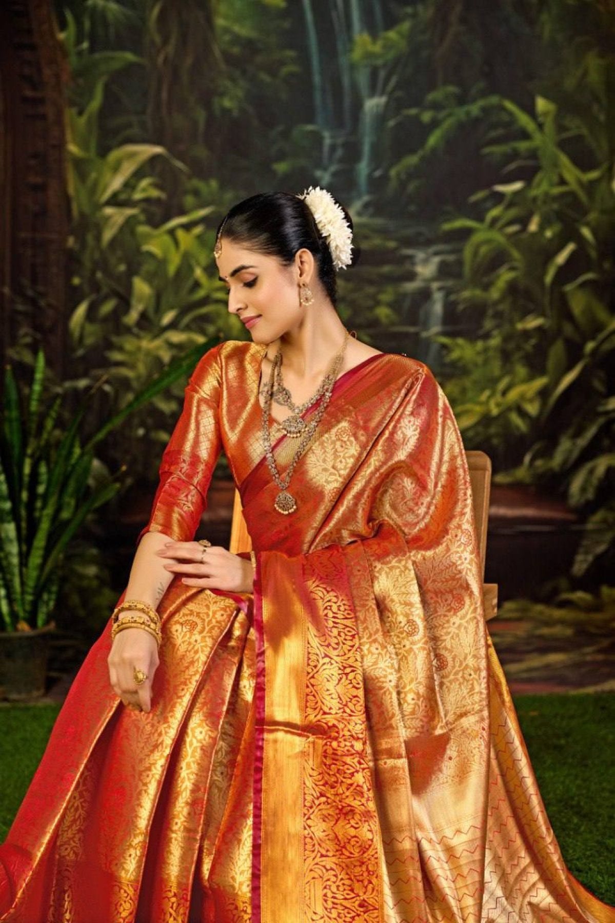 Rust Kanjivaram Saree - side drape view