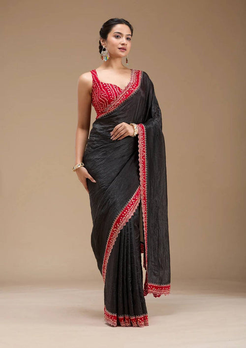 Black Satin Saree - drape and pallu detail