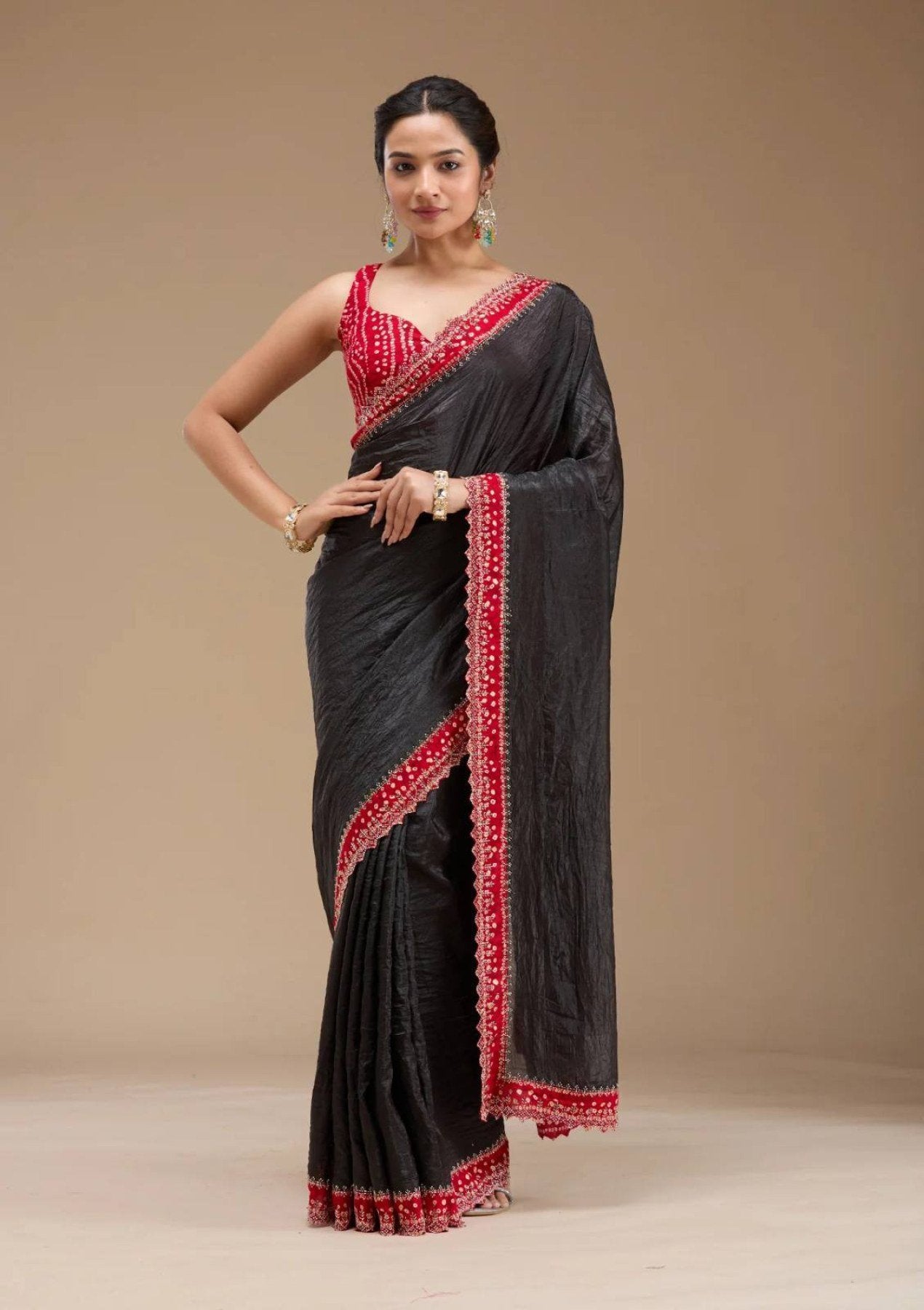 Black Satin Saree - side drape view