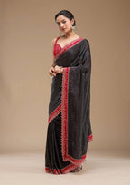 Black Satin Saree - blouse and border close-up