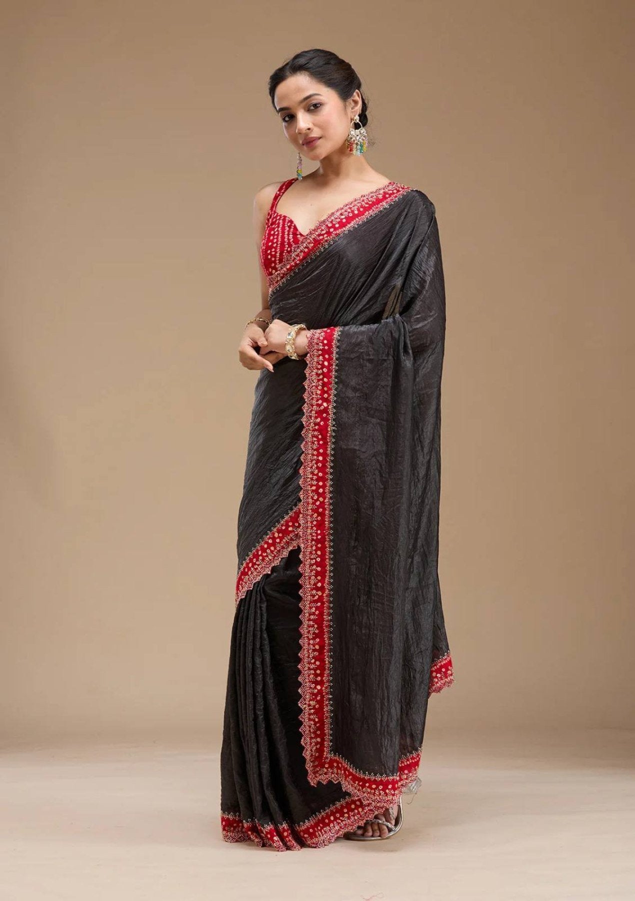Black Satin Saree - blouse and border close-up