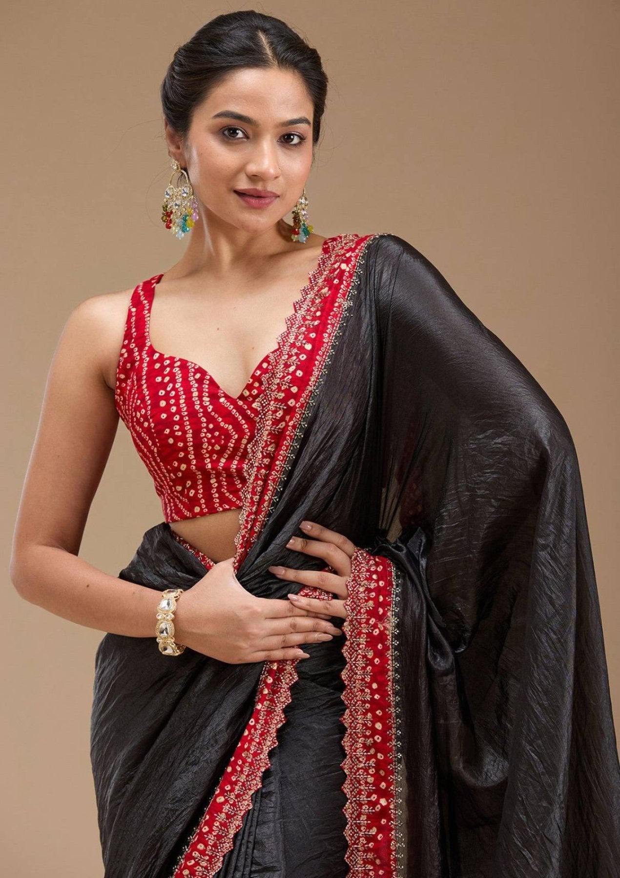 Black Satin Saree - fabric texture close-up