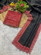 Black Satin Saree - Beads pallu design detail