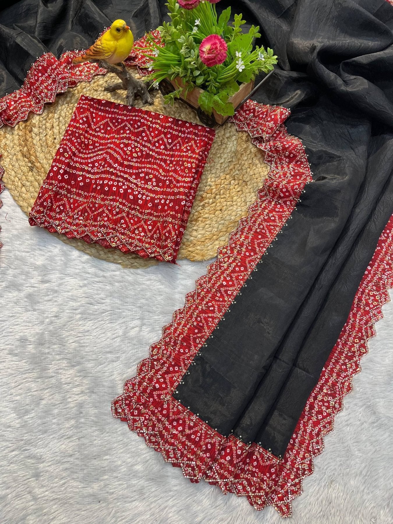 Black Satin Saree - Beads pallu design detail