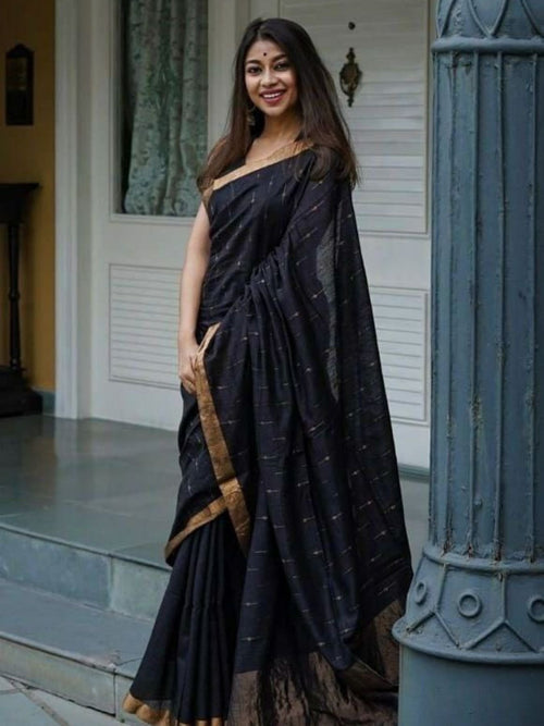 Black Linen Saree for women - full front view | Snyvia
