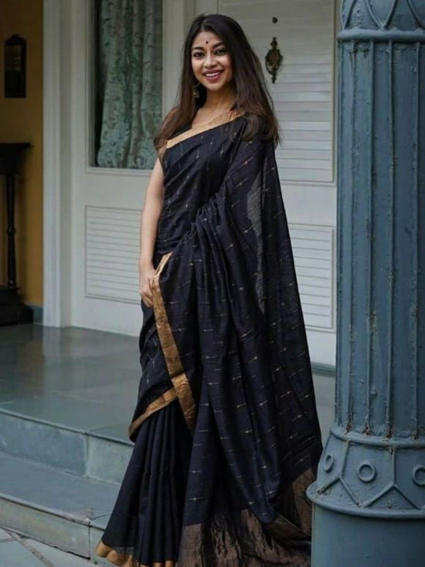 Black Soft Linen Slub Saree — linen saree for daily wear Snyvia