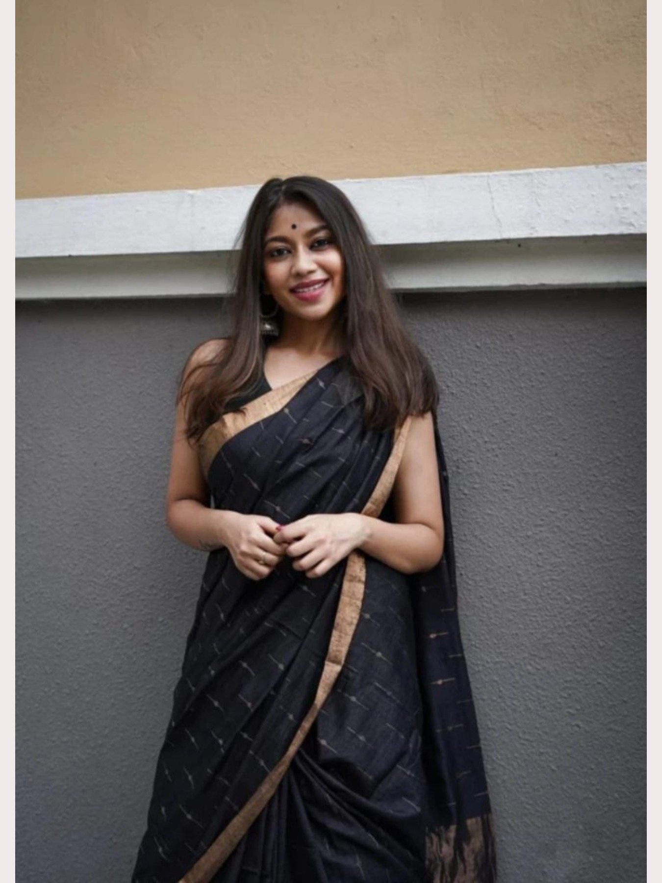 Black Linen Saree - fabric texture close-up