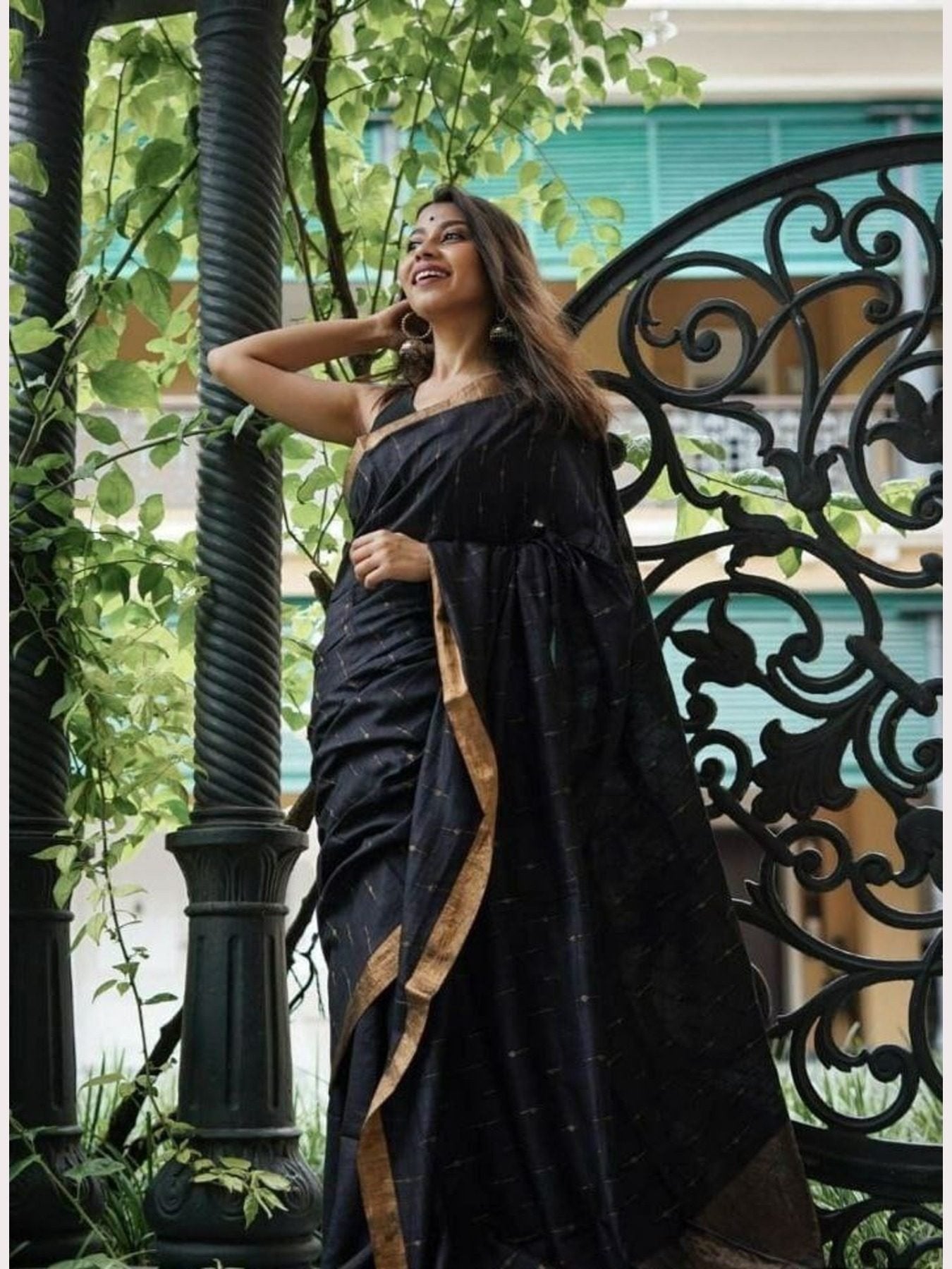 Black Linen Saree - back view