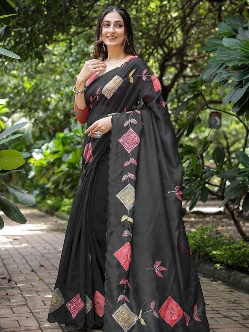 Black Cotton Saree for women - full front view | Snyvia