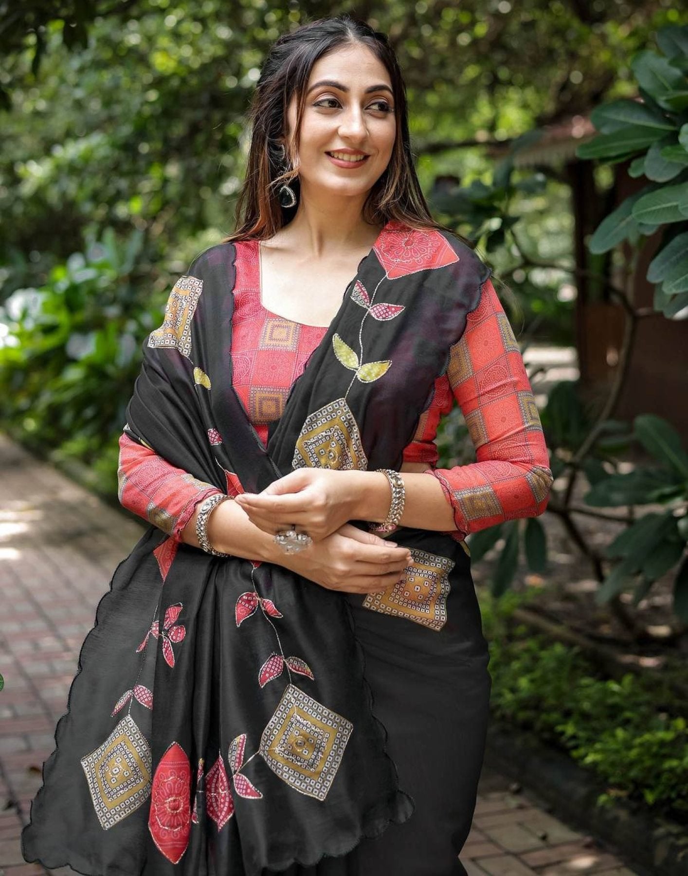 Black Cotton Saree - side drape view