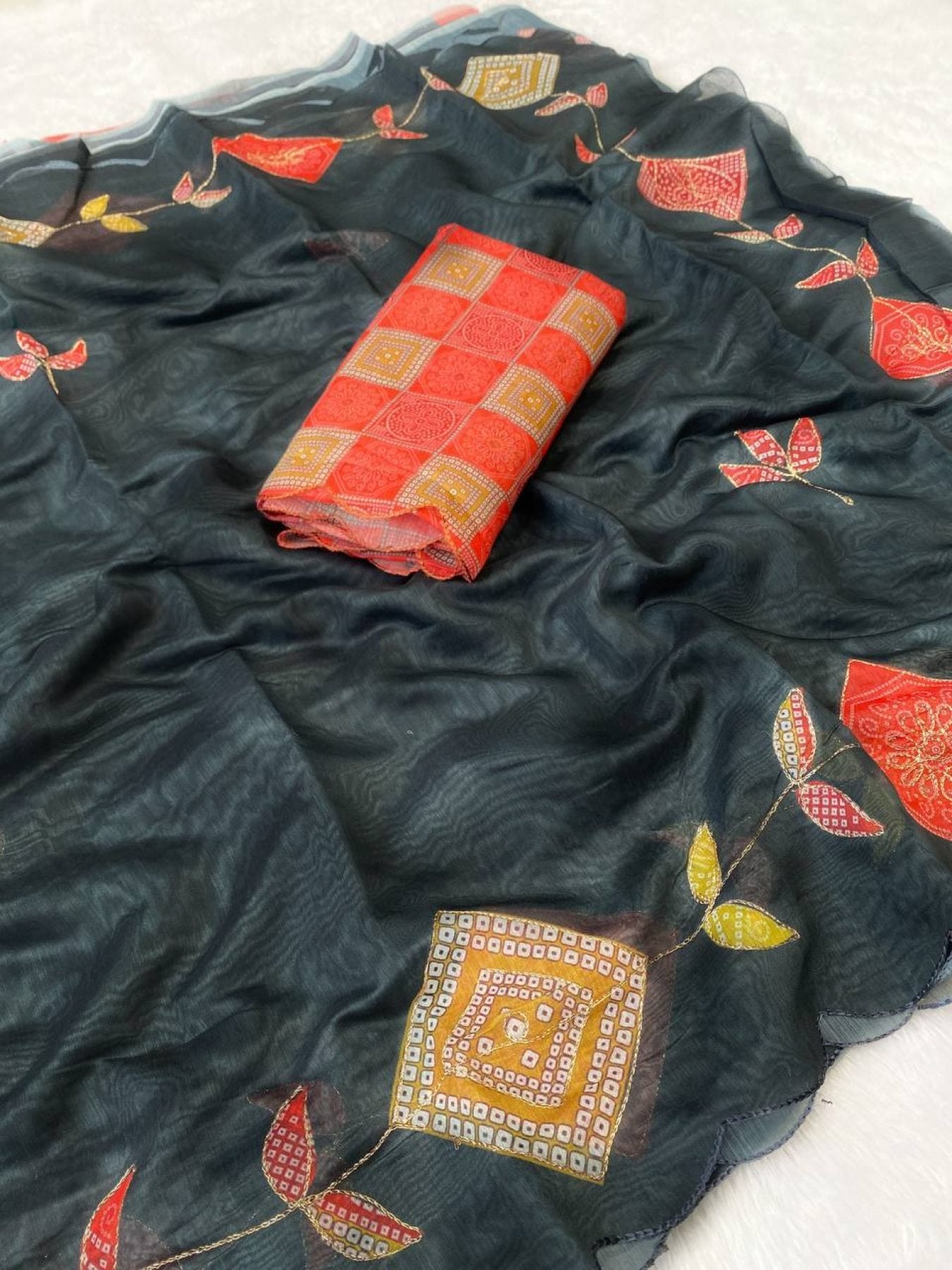 Black Cotton Saree - Printed embroidery work detail