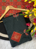 Black Cotton Saree - Printed pallu design detail