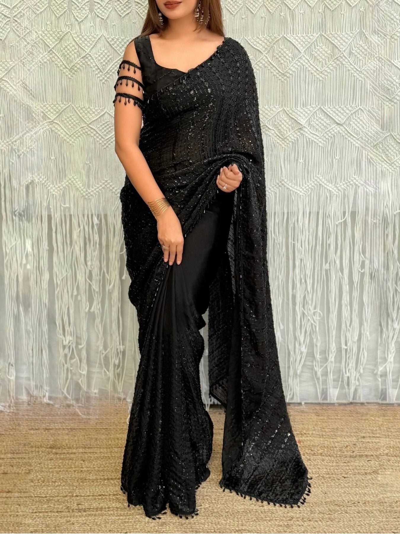 Black Satin Saree for women - full front view | Snyvia