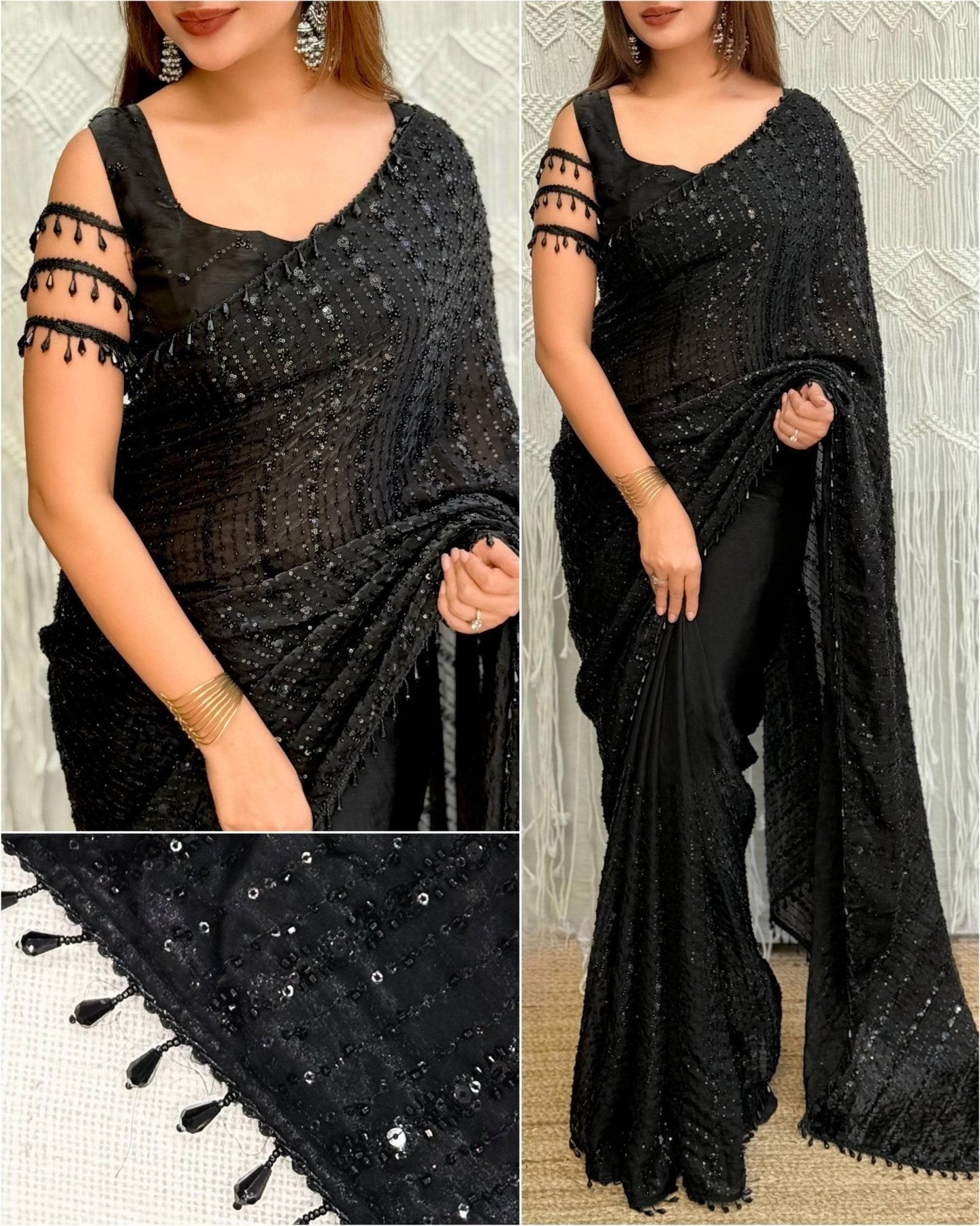 Black Satin Saree - drape and pallu detail