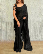 Black Satin Saree - side drape view