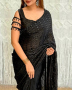 Black Satin Saree - blouse and border close-up