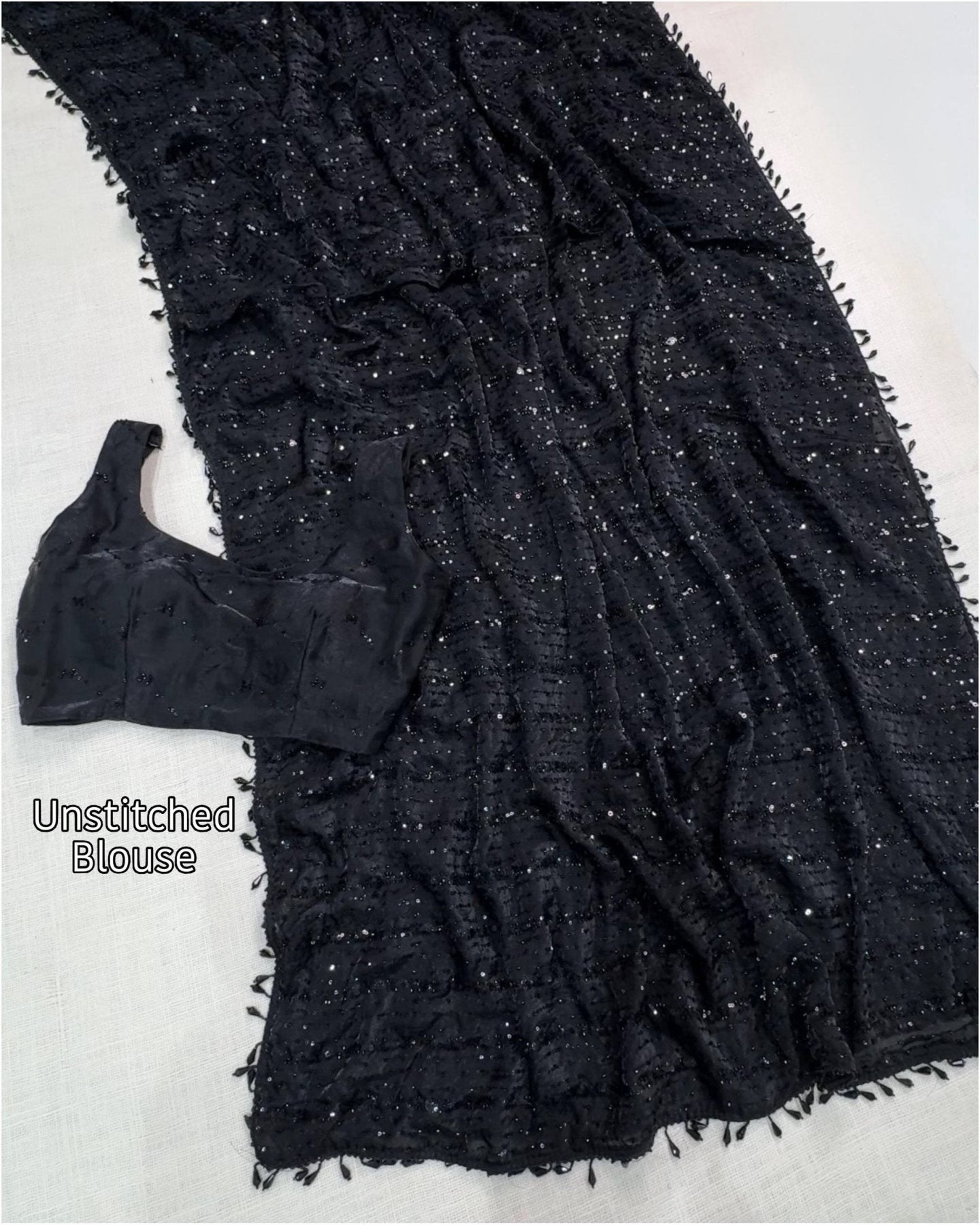 Black Satin Saree - Sequins embroidery work detail