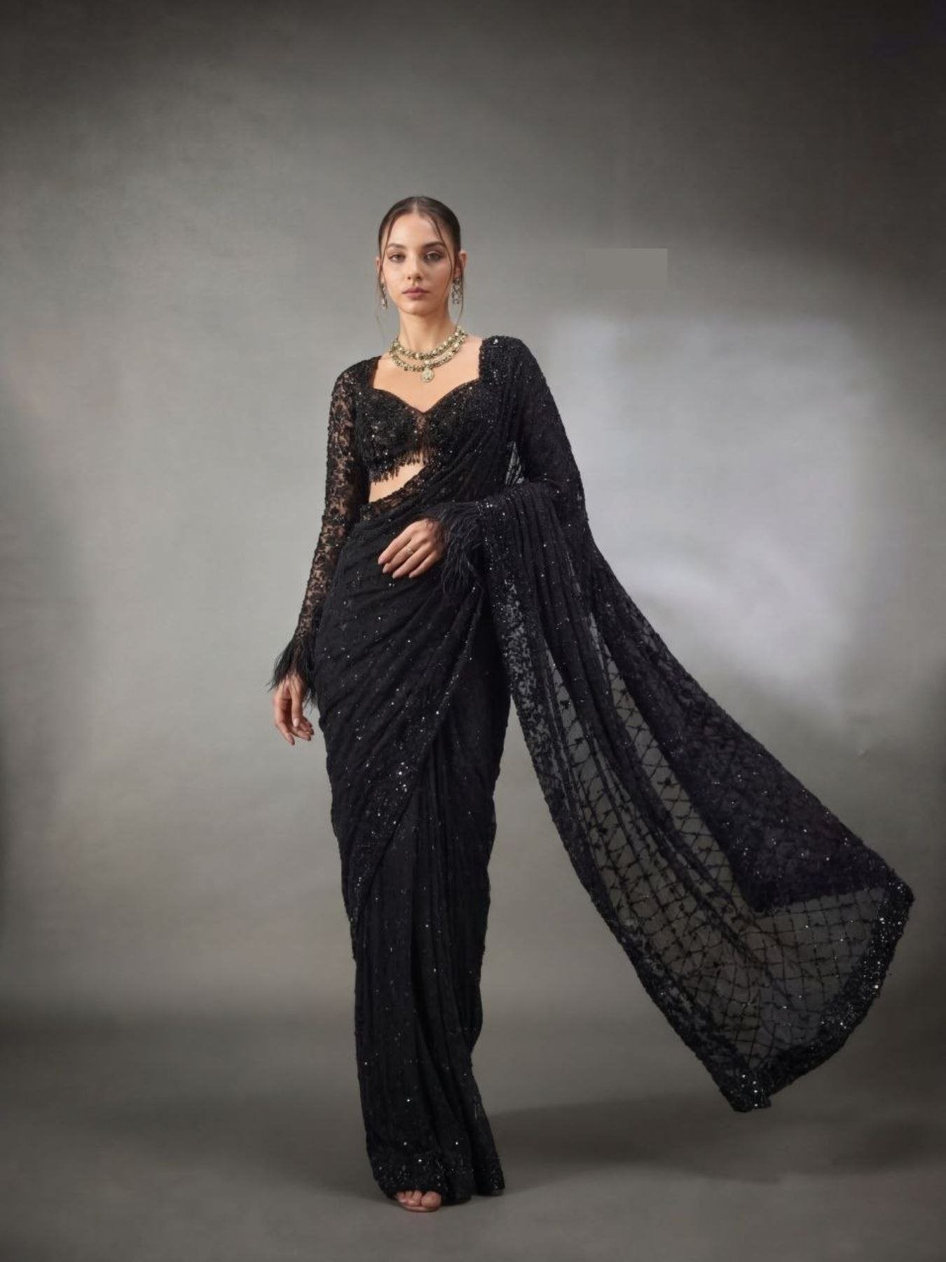 Black Georgette Saree for women - full front view | Snyvia