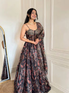 Black Organza Digital Print Lehenga Choli Set with Dupatta & Batwa