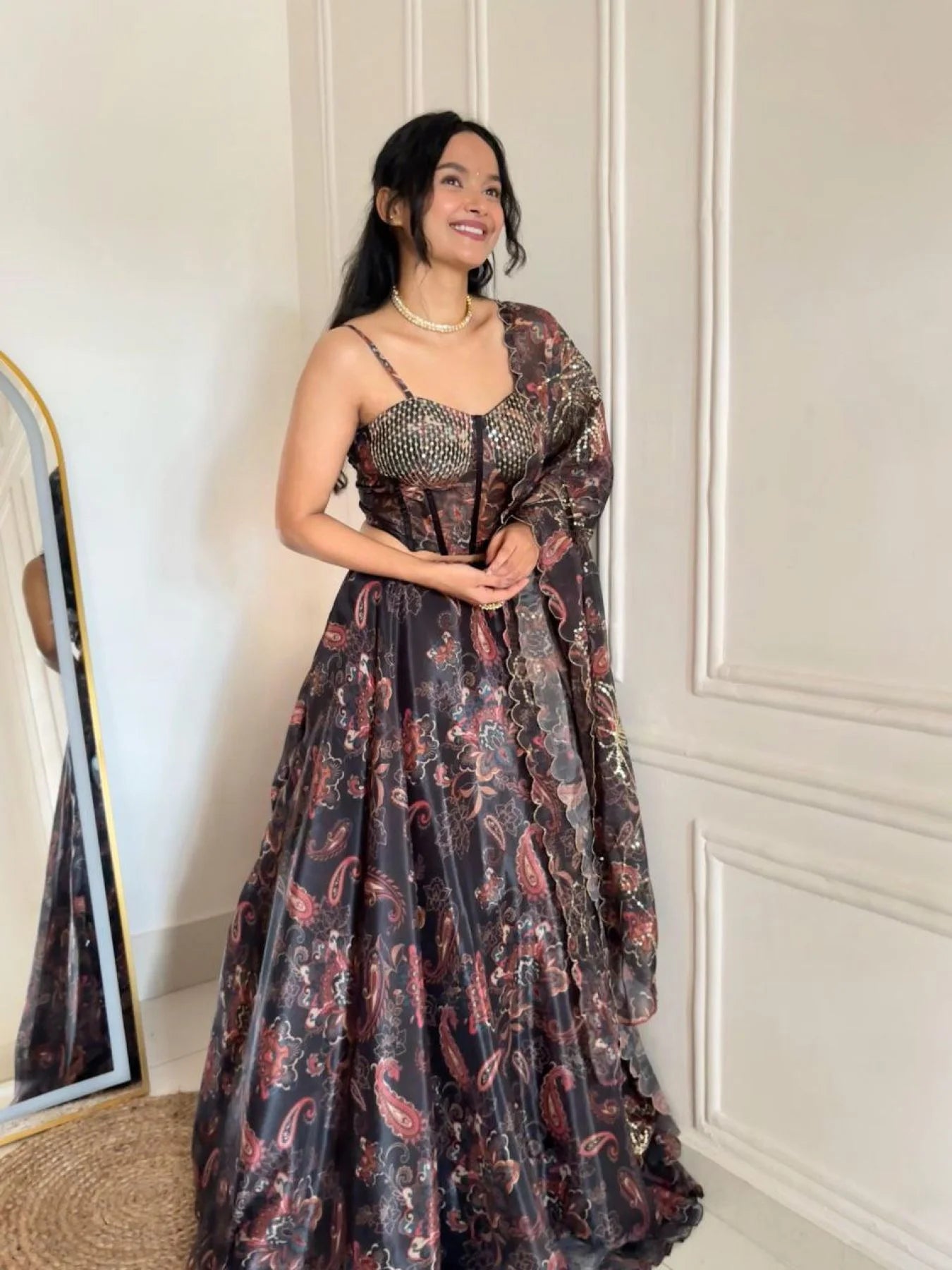 Black Organza Digital Print Lehenga Choli Set with Dupatta & Batwa